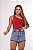 Short Saia Jeans Feminino Cintura Alta Com Strass Lavagem Marmorizada - Imagem 9