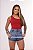 Short Saia Jeans Feminino Cintura Alta Com Strass Lavagem Marmorizada - Imagem 1