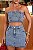Conjunto Jeans Com Saia Cintura Alta E Cropped Corset Lavagem Marmorizada | Sem Elastano - Imagem 1