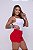 Short Jeans Feminino Vermelho Cintura Alta Com Aplicações- Sem Elastano - Imagem 12