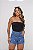 Short Jeans Feminino Cintura Alta Com Desenho Bordado Lavagem Azul - Sem Elastano - Imagem 1