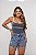 Short Jeans Cintura Alta Feminino Com Barra e Bordado Emojis Lavagem Marmorizada | Sem Elastano - Imagem 1