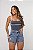 Short Jeans Cintura Alta Feminino Com Barra e Bordado Emojis Lavagem Marmorizada | Sem Elastano - Imagem 4