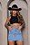 Saia Jeans Feminina Cintura Alta Lavagem Azul Clara Com Barra e Fios de Strass- Sem Elastano - Imagem 1