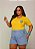 Short Jeans Feminino Plus Size Cós Alto Com Barra a Laser Lavagem Clara e Aplicações Copa do Mundo Brasil- Sem Elastano - Imagem 1