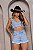 Short Jeans Feminino Cós Alto Lavagem Clara Com Barra Desfiada e Aplicações de Strass- Sem Elastano - Imagem 1
