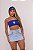 Short Saia Jeans Feminino Cintura Alta Lavagem Clara com Aplicações Strass Brasil Copa do Mundo- Sem Elastano - Imagem 4