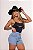 Short Jeans Feminino Cintura Alta Lavagem Marmorizada Com Bolsos Frontais Fake- Sem Elastano - Imagem 4