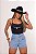 Short Jeans Feminino Cintura Alta Lavagem Marmorizada Com Bolsos Frontais Fake- Sem Elastano - Imagem 1