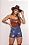 Short Jeans Feminino Country Boiadeira Cintura Alta Com Barra Costurada e aplicações em DTF - Imagem 1