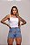 Short Jeans Feminino Mademoiselle Cintura Alta Casual com Strass e Franjas de Brilho Na Lapela e Barra dobrada - Imagem 7