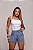 Short Jeans Feminino Mademoiselle Cintura Alta Casual com Strass e Franjas de Brilho Na Lapela e Barra dobrada - Imagem 2