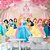 Papel de Parede - Princesas da Disney debaixo de arvore com folhas rosas e castelo rosa ao fundo - Imagem 1