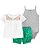 Conjunto 3 peças Batinha Branca com Flores, Body de Poá e Shorts Verde - Imagem 1