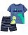 Camiseta Azul Dinossauro e Shorts Listrado - Imagem 1