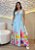 Vestido Longo Feminino Viscolinho Listrado Azul com Flores e Decote V - Imagem 1