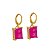 Brinco Dourado Argolinha Pedra Retangular Rosa - Imagem 1