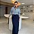 CAMISA LISTRA C/ RENDA BRANCA COM LISTRAS AZUIS G - Imagem 1