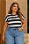 T-Shirt de Malha Listrada Azul Manga Japonesa Plus Size - Imagem 3