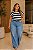 T-Shirt de Malha Listrada Azul Manga Japonesa Plus Size - Imagem 1