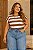 T-Shirt de Malha Listrada Marrom Manga Japonesa Plus Size - Imagem 3