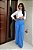 Calça Alfaiataria Azul Turquesa Pantalona com Nervuras nos Joelhos e Recorte Frontal - Imagem 4