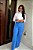 Calça Alfaiataria Azul Turquesa Pantalona com Nervuras nos Joelhos e Recorte Frontal - Imagem 10