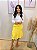 Saia Crepe Amarelo Banana Midi Cintura Alta com Bolsos e Babados de Pregas - Imagem 1