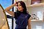 Blusa Visco Trench Azul Marinho com Gola Alta e Botões no Colo - Imagem 1