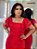 Vestido Alfaiataria e Shifon Bordado Vermelho Reto Ajustado com Mangas Comprimento Midi - Imagem 3