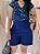 Short Visco Trench Azul Marinho  Com Bolsos Verdugos E Elástico Atrás - Imagem 1