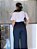 Calça Brim Algodão Azul Noite Pantalona Evasê Com Passantes E Bolsos Frente - Imagem 6