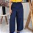 Calça Alfaiataria Azul Marinho Pantalona Evasê Com Passantes E Bolsos Frente - Imagem 1
