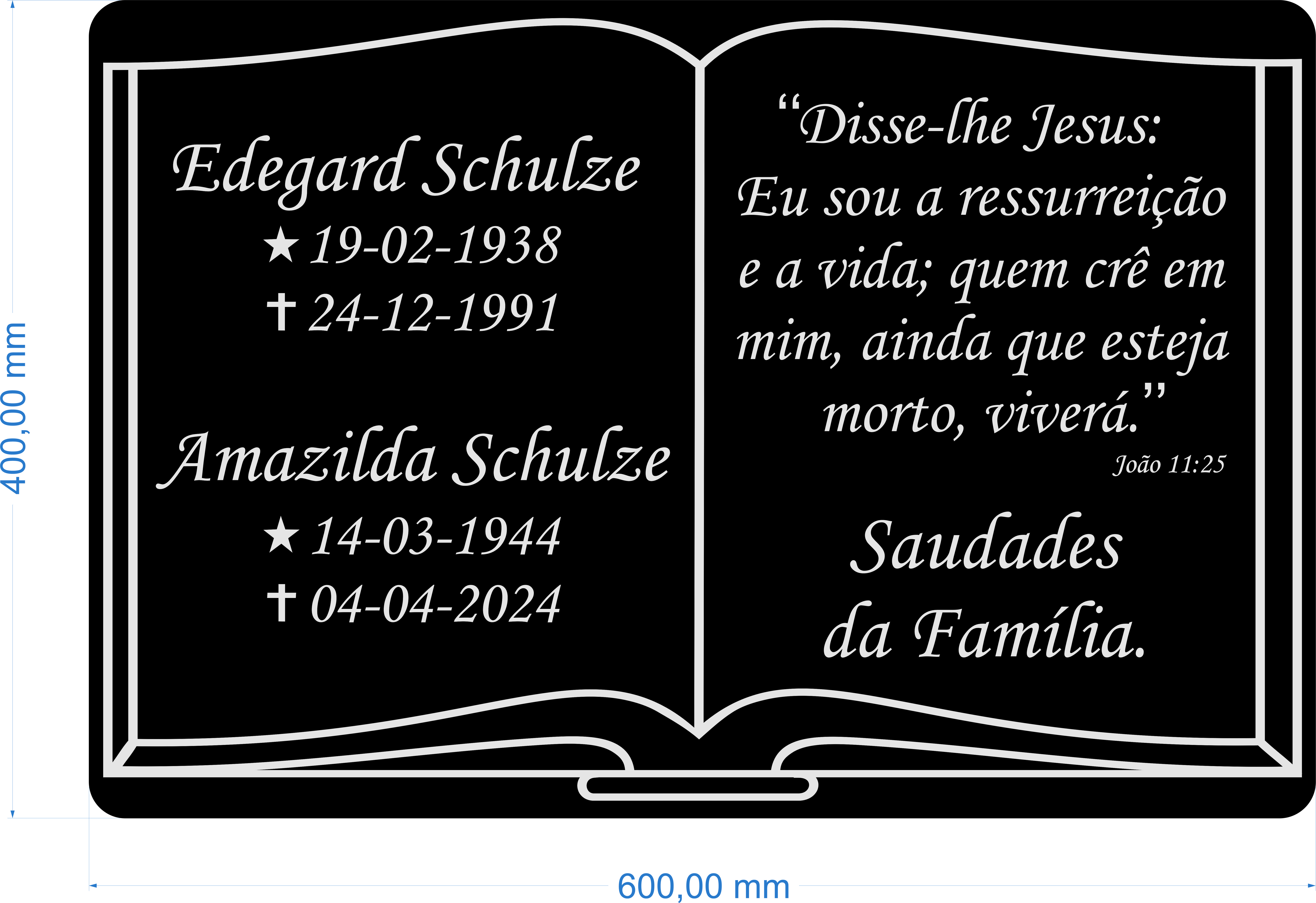 Placa Lápide para Túmulo em ACM 60x40cm Bíblia dois nomes e frase - Imagem 3