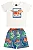 Conjunto Infantil para Menino com Camiseta de Dinossauro Marfim e Bermuda em Microfibra Estampada Azul Bee Loop - Imagem 1