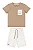 Conjunto Infantil Masculino com Camiseta Manga Curta Bege Listrada de Branco e Bermuda em Moletinho Marfim Quimby - Imagem 2