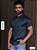 Camisa Slim Fit Curta Acetinada Gola Padre Marinho - Imagem 1