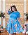 Vestido Plus Size Casamento Civil Azul Flores Manga Curta - Imagem 1