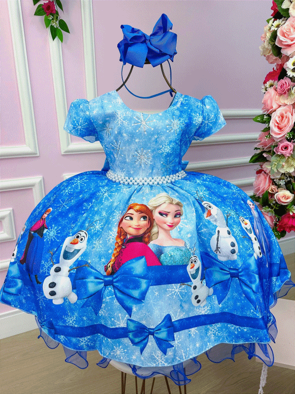 Vestido Infantil Temático da Gigi Frozen Azul/Rosa/Floral - Imagem 1
