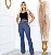 Calça Flare Jacquard Linho com Cinto - Azul Mescla - Imagem 1