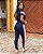 Conjunto de calça e blusa manga curta em malha  crepe com elastano - Azul Marinho com Laranja - Imagem 2