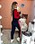 Conjunto de calça e blusa manga longa  em malha crepe com elastano - VERMELHO COM PRETO/BRANCO - Imagem 2