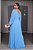 Vestido de festa longo, plissado com manga longa, decote em v - Azul Serenity - Imagem 2