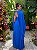 Vestido de festa longo, plissado, busto drapeado, com decote em v e capa - Azul Royal - Imagem 3