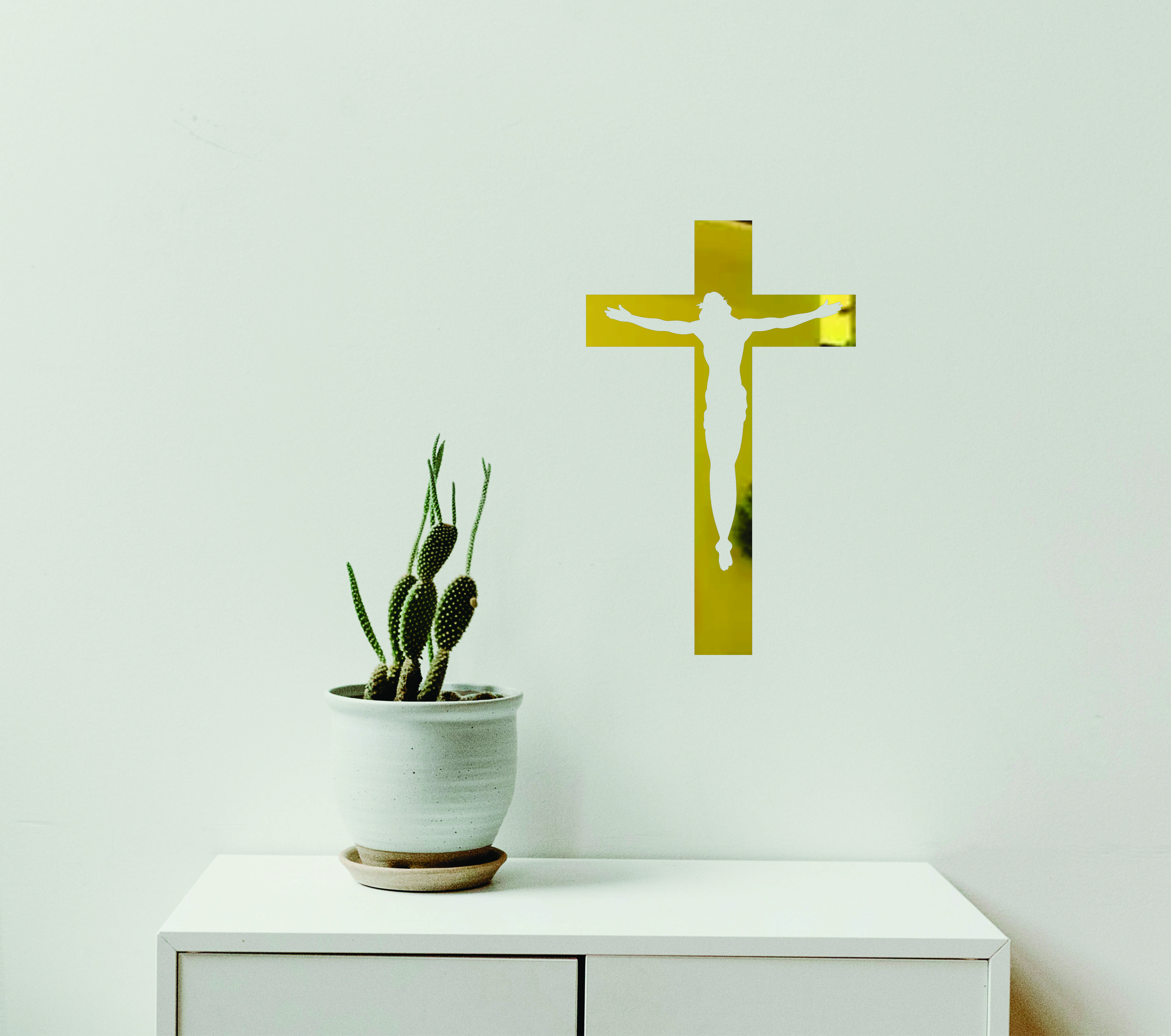 Silhueta Cruz Jesus - Desenho Decorativo Religioso Acrílico Dourado Espelhado - Imagem 1