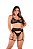Conjunto sexy Barbara  em tule dot com cinta liga | Preto - Imagem 1