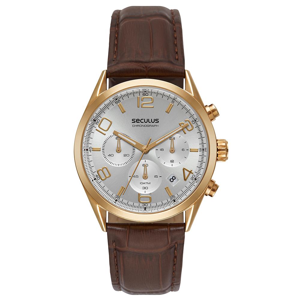 Relógio Seculus Masculino Dourado Couro Marrom 77308GPSVDC2