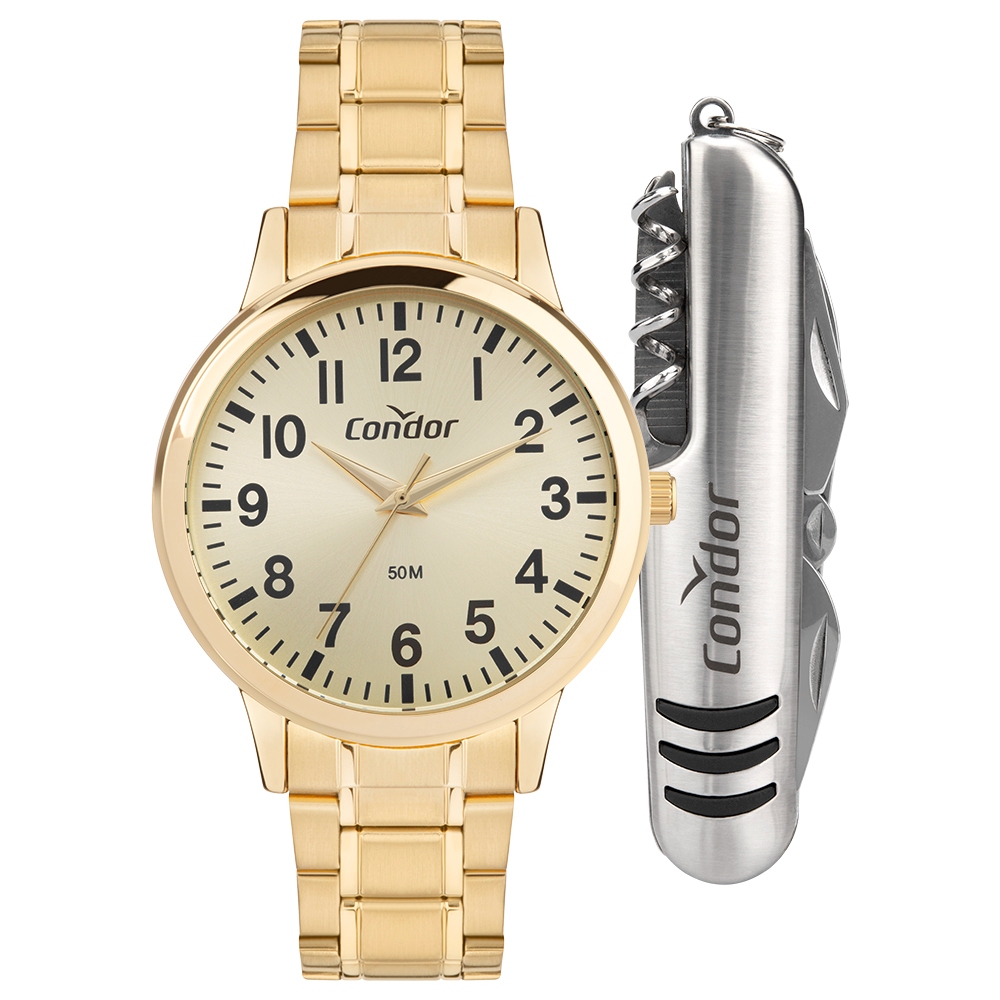 Kit Relógio Condor Masculino Dourado com Canivete - CO2035NRI/K4X