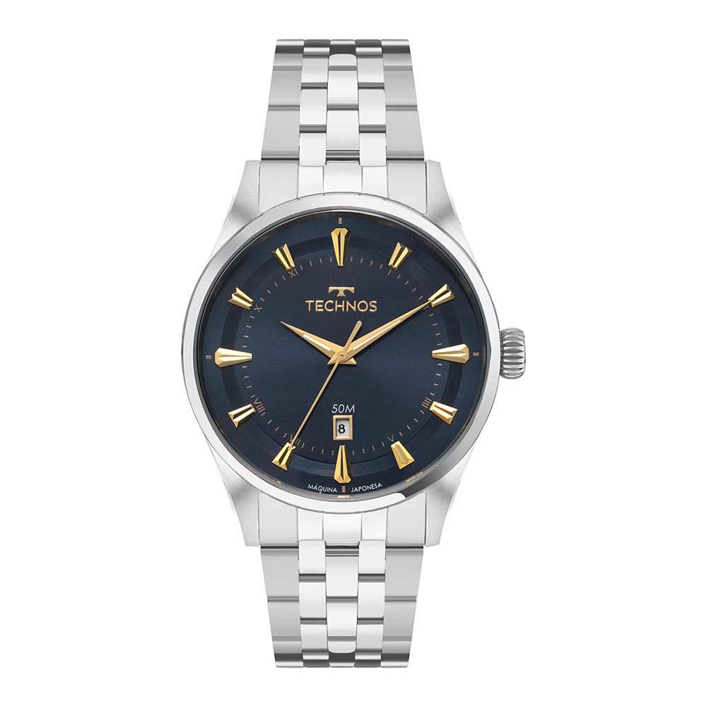 Relógio Technos Masculino Executive Prata com Mostrador Azul