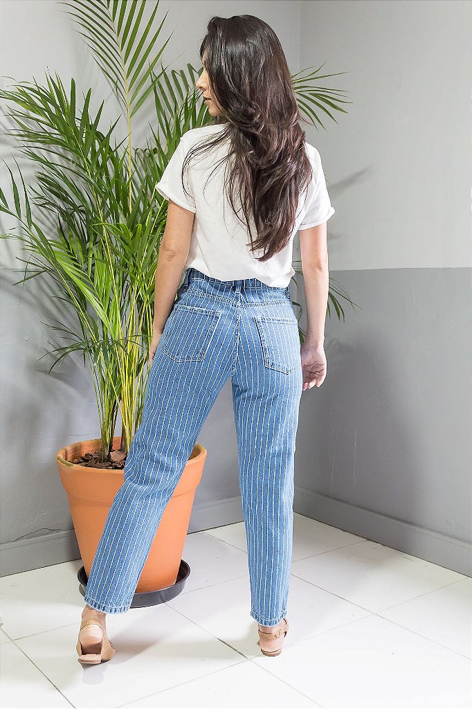 calça jeans listrada feminina